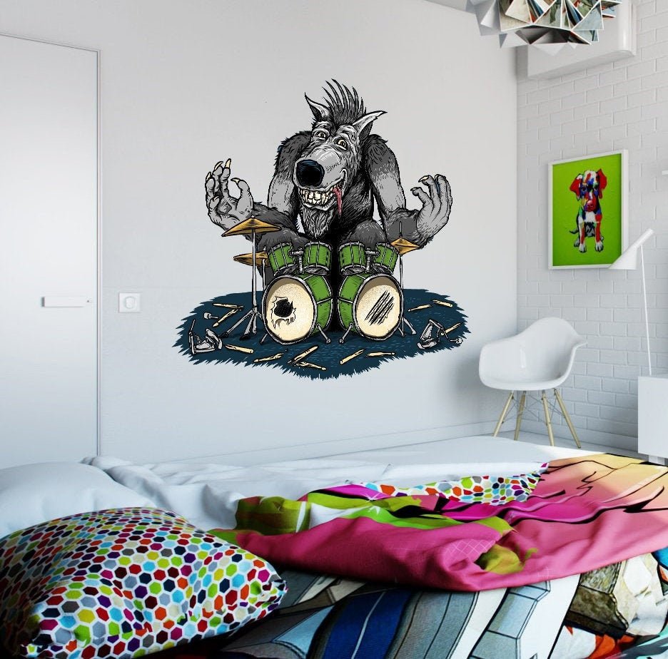 Wolf and Drums Wall Decal, Wolf and Drums Wall sticker, Wolf and Drums wall decor
