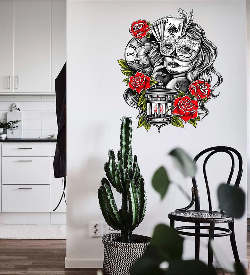 Day of the Dead Decal, Rose Flowers Sticker, the Girl in the Mask Home Decor, Poker Cards Wall Art, Zombie Walls Stickers for Living Room