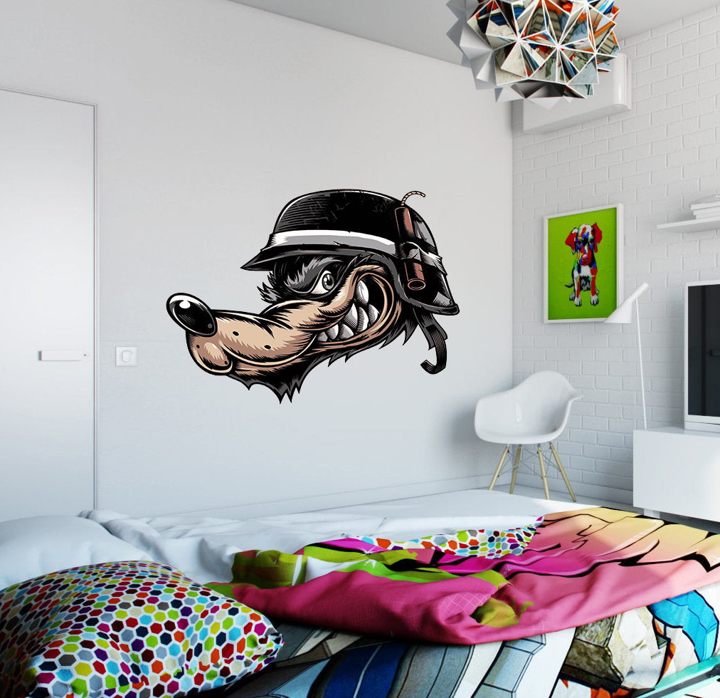 Cartoon Angry Wolf Decal, Boys Room Wolf Sticker, Wolf Decor