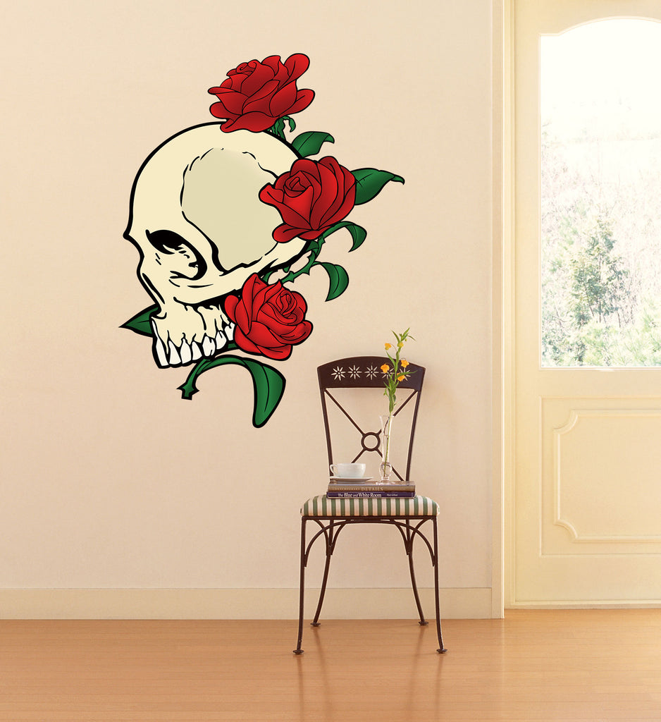 Skull & Roses Wall Decal, Skilet Sticker, Roses Home Décor, Halloween Decoration, Day of the Dead Vinyl Wallpapers, Flowers Wall Art