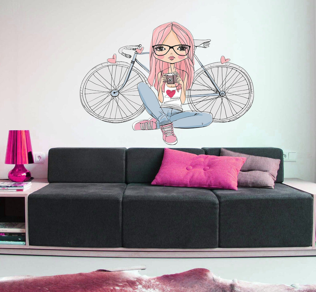 Girl and Bike Decal, Girl and Bike Sticker, Girl and Bike Wall Art