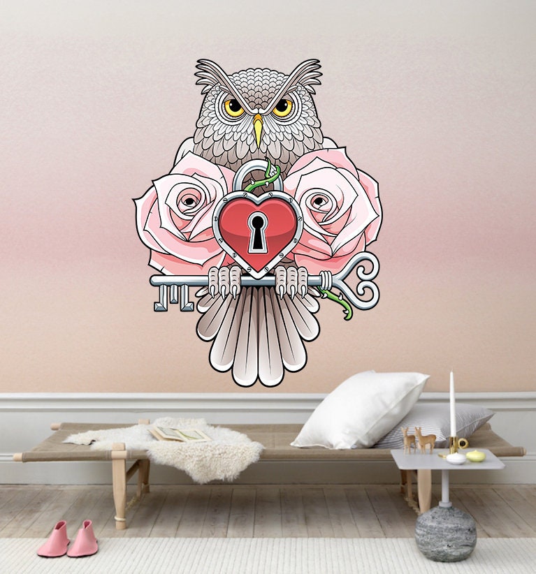 Rose and Owl Wall Decal, Owl Sticker, Owl Wall Decal