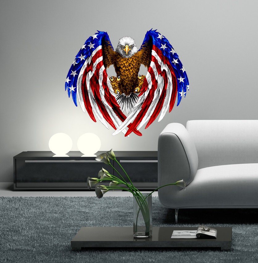 US Flag Decal, Bald Eagle USA Flag Wall Sticker, Patriotic Home Decor, Wings Of The American Flag Vinyl Wallpaper, American Symbol Wall Art