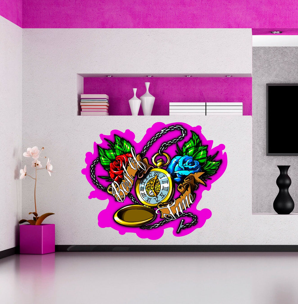 Clock and Roses Decal, Clock And Roses Wall Sticker, Clock and Roses Decor