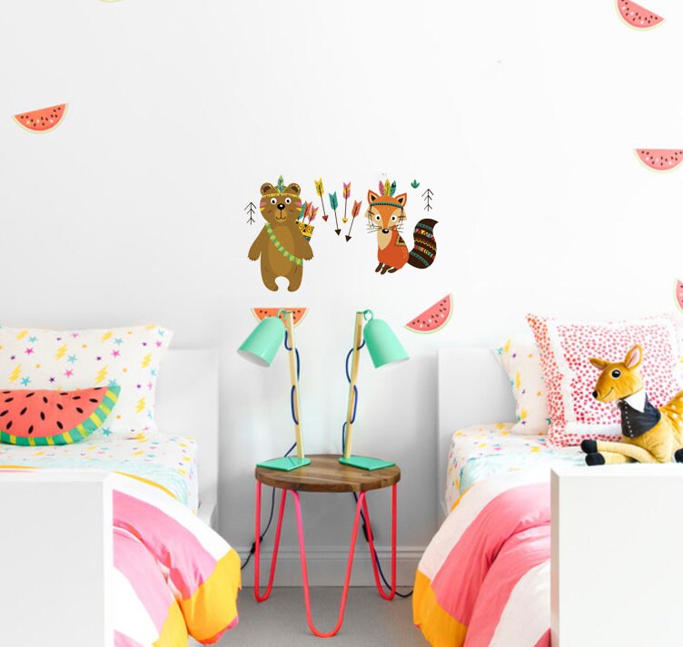 Fox Bear Indians Wall Decal, Fox Bear Indians Wall sticker, Fox Bear Indians wall decor
