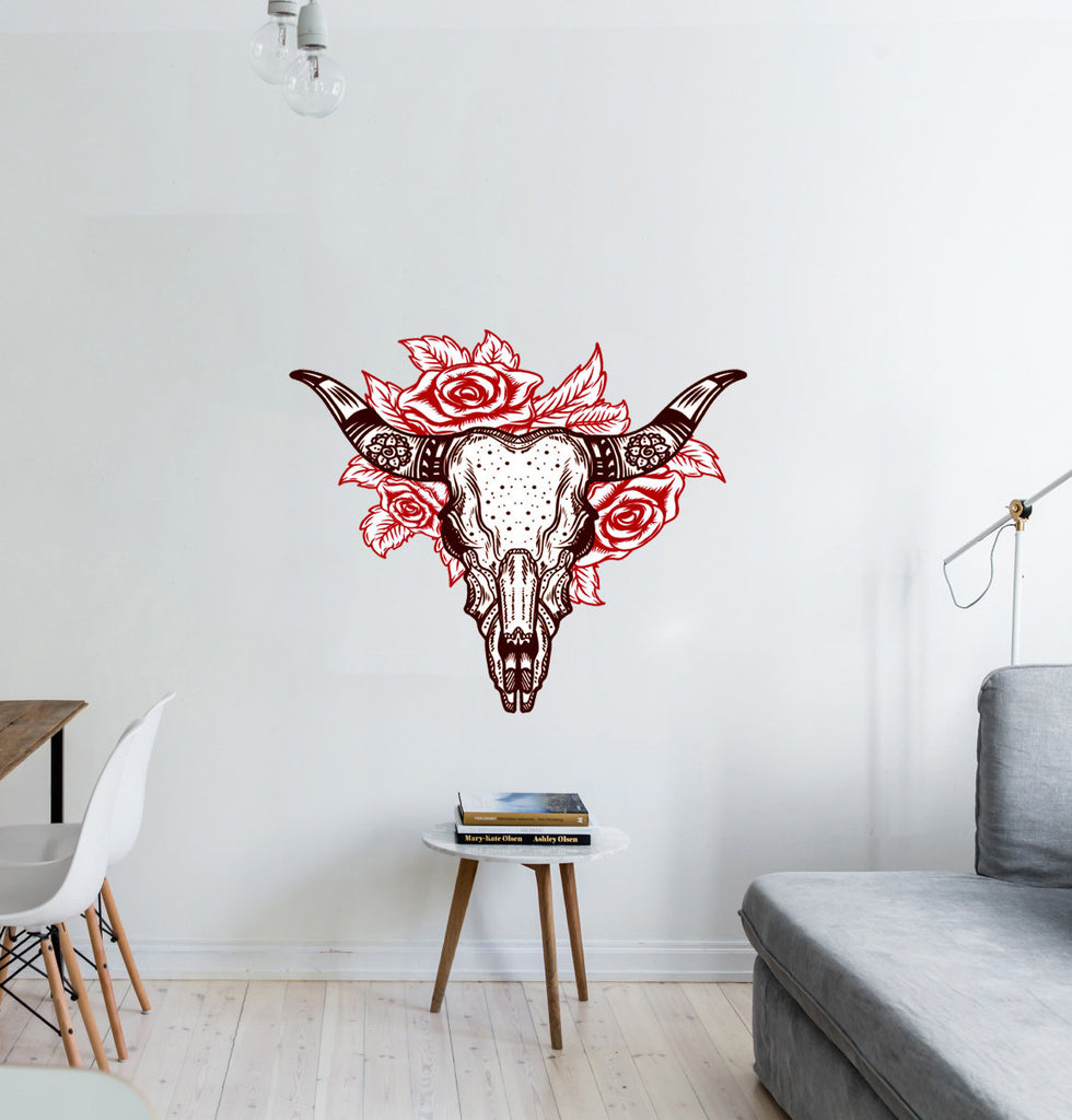 Buffalo Skull Flower Wall Decal, Buffalo Skull Flower Wall sticker, Buffalo Skull Flower wall decor