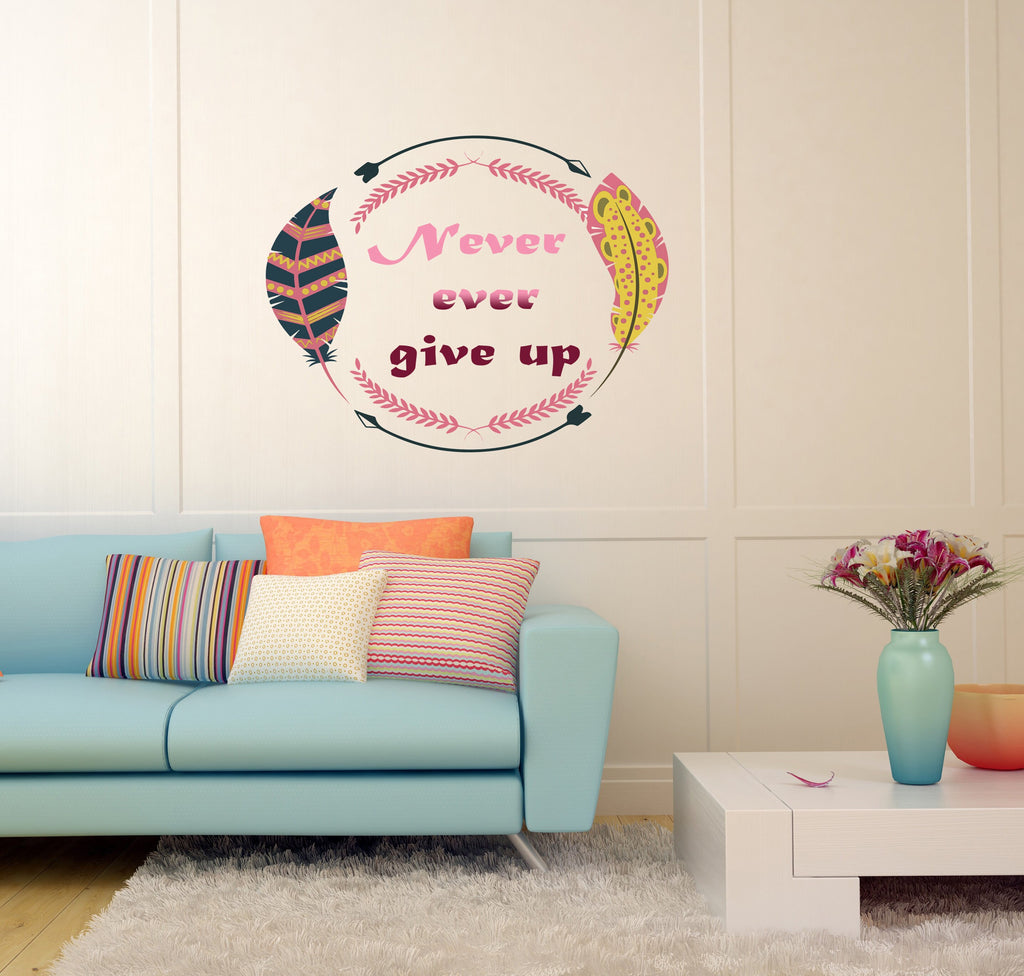 Quote Never give up Boho Feather Arrow Wall Decal, Quote Never give up Boho Feather Arrow Wall sticker, wall decor