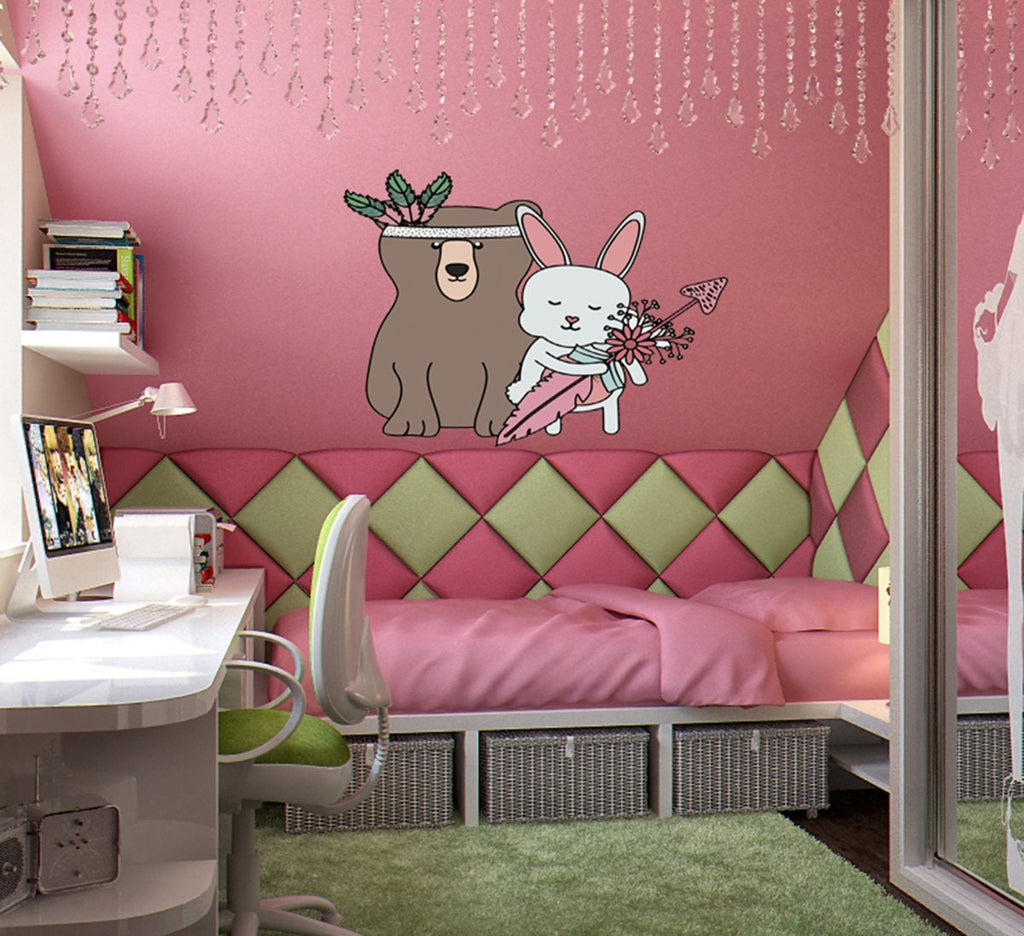 Boho Bear Hare Indian Wall Decal, Boho Bear Hare Indian Wall sticker, Boho Bear Hare Indian wall decor