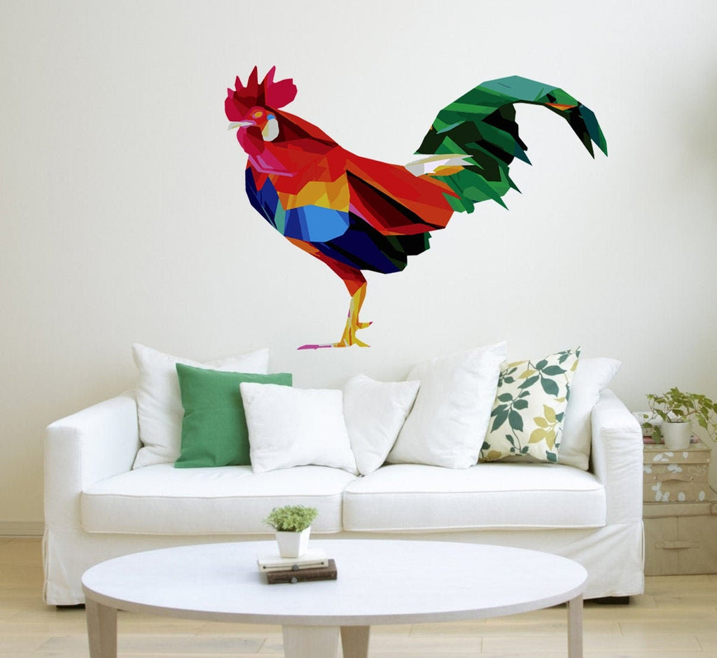 Rooster Polygonal Wall Decal, Poultry Sticker, Fowl Wall Art, Barn-Door Fowl Vinyl Wallpapers, Bird Home Décor, Farm Wall Design