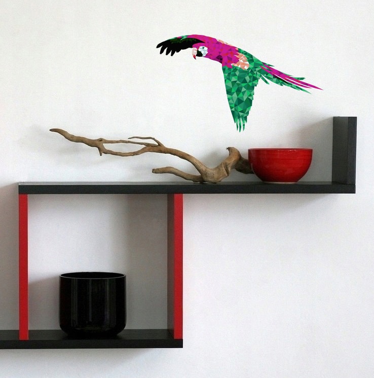 Flying Parrot Polygonal Wall Decal, Bird Sticker,Feathered Wall Stickers,Jungle Room Décor,Nature Animals Design,Bright Idea for Living Room