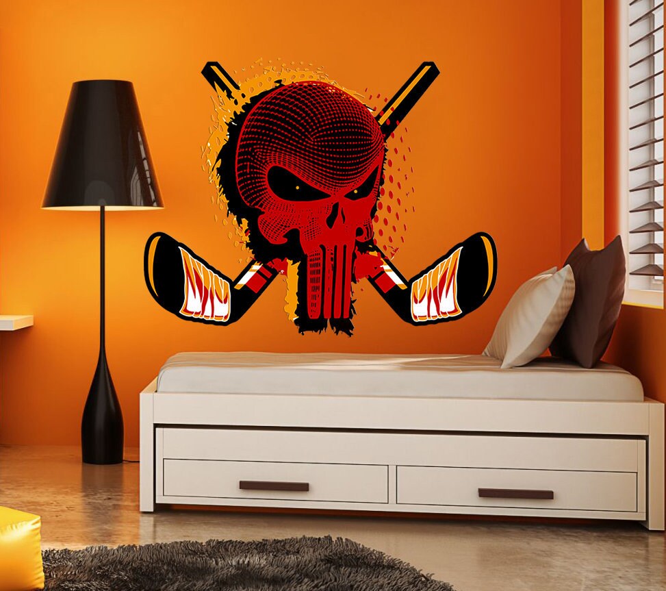 Ice Hockey Goalie Mask Wall Decal, Hockey Skull Boys Room Wall Decor