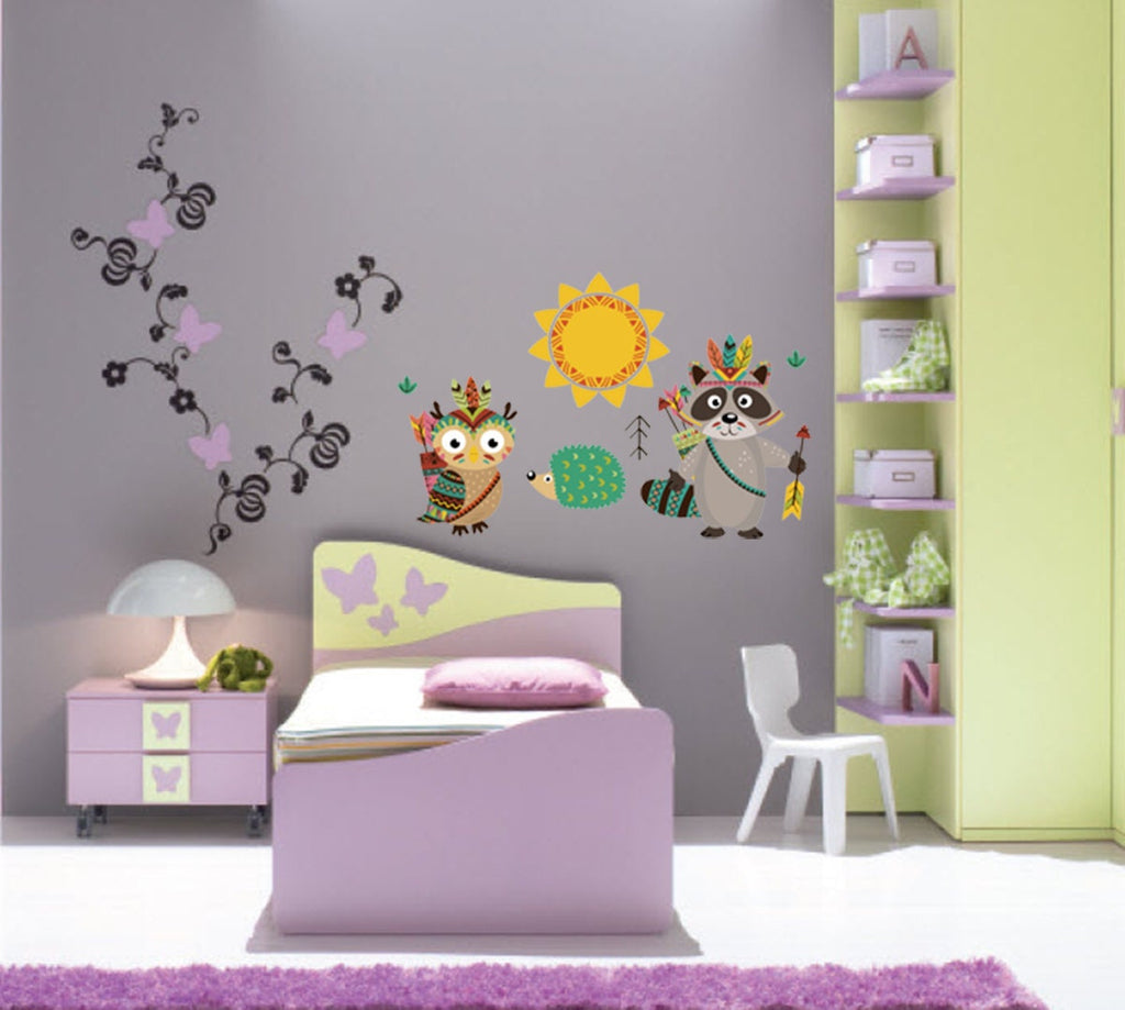 Boho Raccoon Owl Wall Decal, Boho Raccoon Owl Wall sticker, Boho Raccoon Owl wall decor