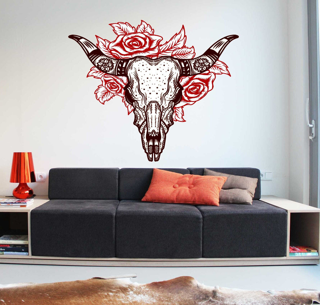 Buffalo Skull Flower Wall Decal, Buffalo Skull Flower Wall sticker, Buffalo Skull Flower wall decor