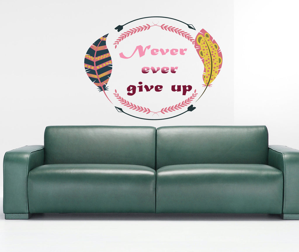 Quote Never give up Boho Feather Arrow Wall Decal, Quote Never give up Boho Feather Arrow Wall sticker, wall decor