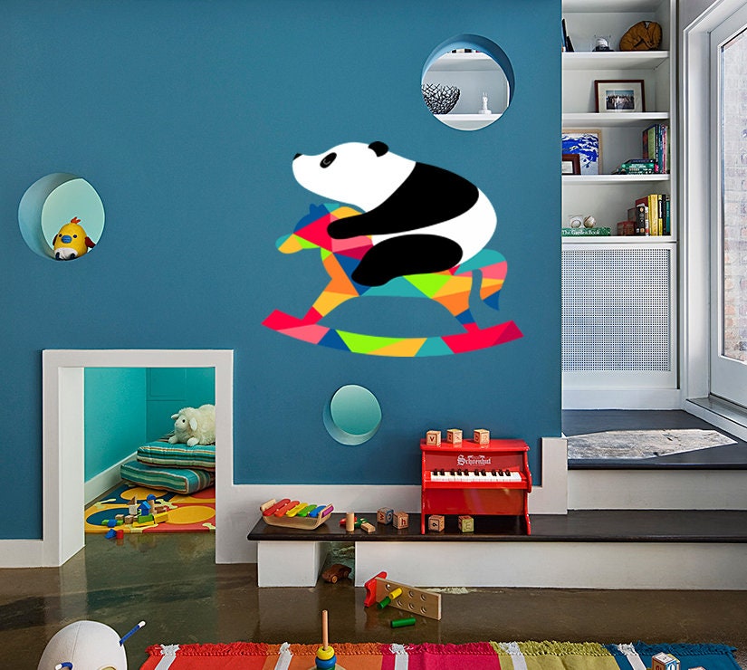 Panda Wall Decal, Teddy Bear Sticker, Polygonal Design, Swing Horse Vinyl Wallpapers, Baby Animal Wall Art, Multicolored Sticker Kids Room