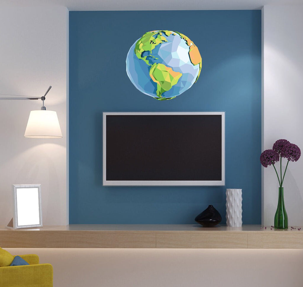 Earth 3D Polygonal Wall Decal, Planet Earth Wall Sticker, Space Wall Art, Galaxy Vinyl Wallpapers, Universe Modern Design, Planetary System