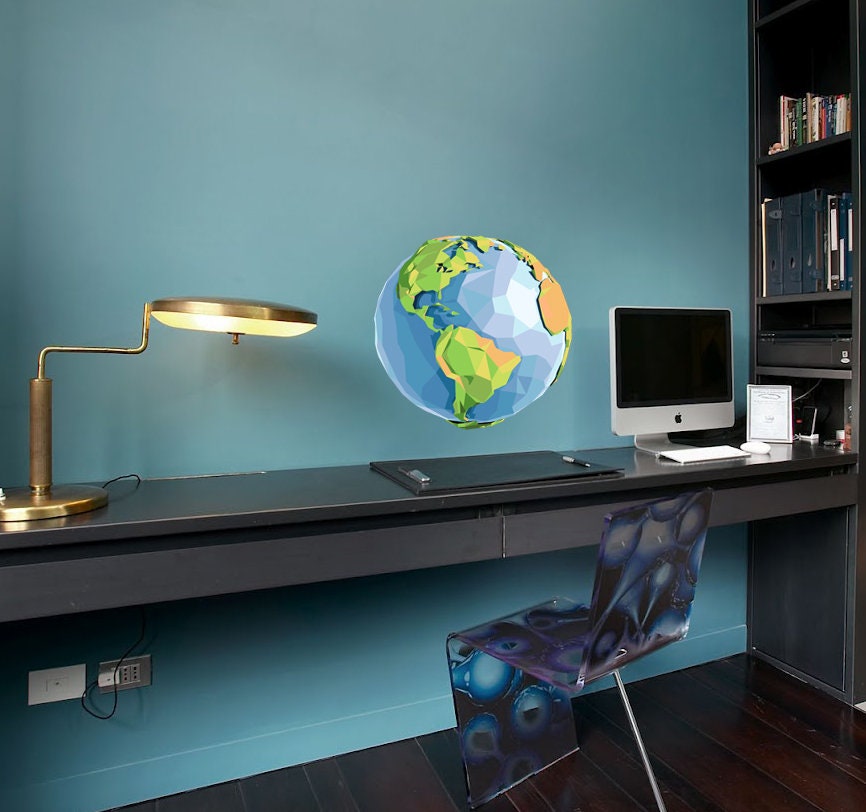 Earth 3D Polygonal Wall Decal, Planet Earth Wall Sticker, Space Wall Art, Galaxy Vinyl Wallpapers, Universe Modern Design, Planetary System