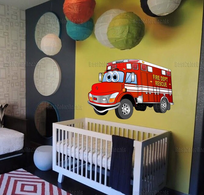 Firetruck nursery decor Firetruck decal Wall stickers kids cars Boy name wall decal Firetruck birthday decor Boy nursery wall decal