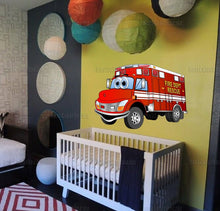 Load image into Gallery viewer, Firetruck nursery decor Firetruck decal Wall stickers kids cars Boy name wall decal Firetruck birthday decor Boy nursery wall decal