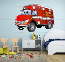 Load image into Gallery viewer, Firetruck nursery decor Firetruck decal Wall stickers kids cars Boy name wall decal Firetruck birthday decor Boy nursery wall decal