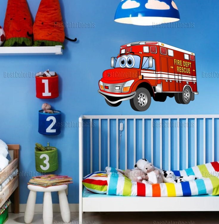 Firetruck nursery decor Firetruck decal Wall stickers kids cars Boy name wall decal Firetruck birthday decor Boy nursery wall decal
