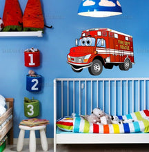 Load image into Gallery viewer, Firetruck nursery decor Firetruck decal Wall stickers kids cars Boy name wall decal Firetruck birthday decor Boy nursery wall decal