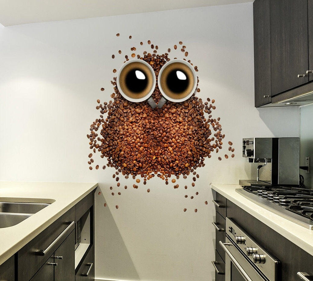 Owl kitchen decor Coffee wall decal Owl decal Coffee ornament Coffee wall art print Coffee beans design