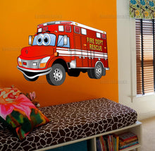 Load image into Gallery viewer, Firetruck nursery decor Firetruck decal Wall stickers kids cars Boy name wall decal Firetruck birthday decor Boy nursery wall decal