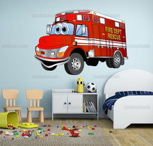 Load image into Gallery viewer, Firetruck nursery decor Firetruck decal Wall stickers kids cars Boy name wall decal Firetruck birthday decor Boy nursery wall decal