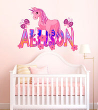 Load image into Gallery viewer, Nursery decal name Pink unicorn sticker Pony decal Custom name wall decal Personalized name decal for wall Custom nursery name print