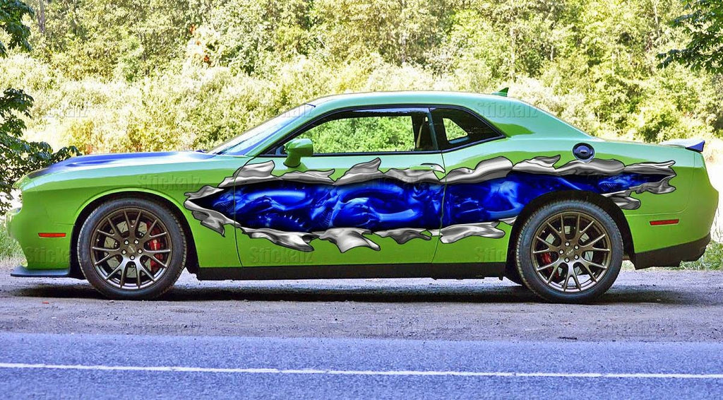 Dragons street racing car graphics, 3D Dragon ripped metal car vinyl sticker, Lizard pride car vinyl, Creature full color car side wrap
