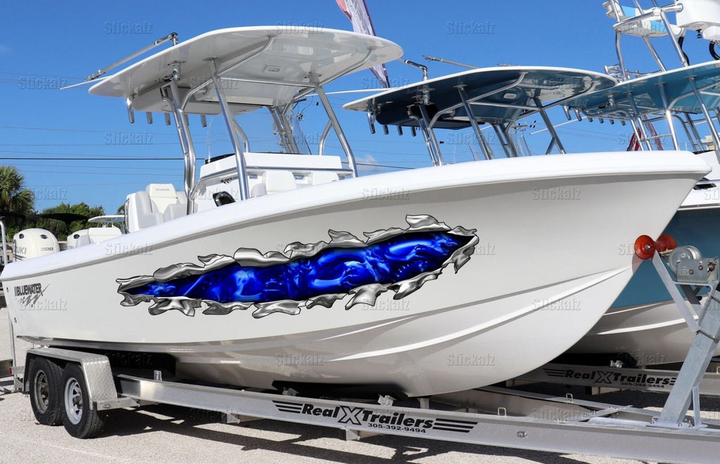 3D Dragons Boat Graphics Ripped Metal Full Color Speed Boat Vinyl Design, Lizard Cigar Boat Wrap, Yacht Vinyl, Watercraft Sticker Design