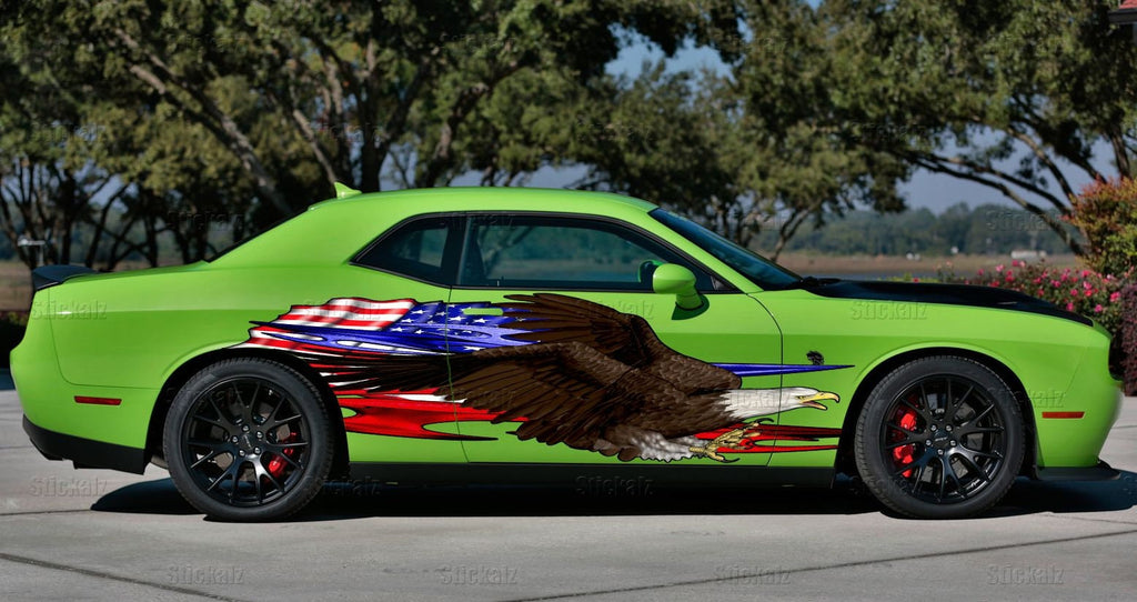3D Bold eagle street racing graphics, American pride full color car side wrap, USA Flag car vinyl sticker, US eagle car design