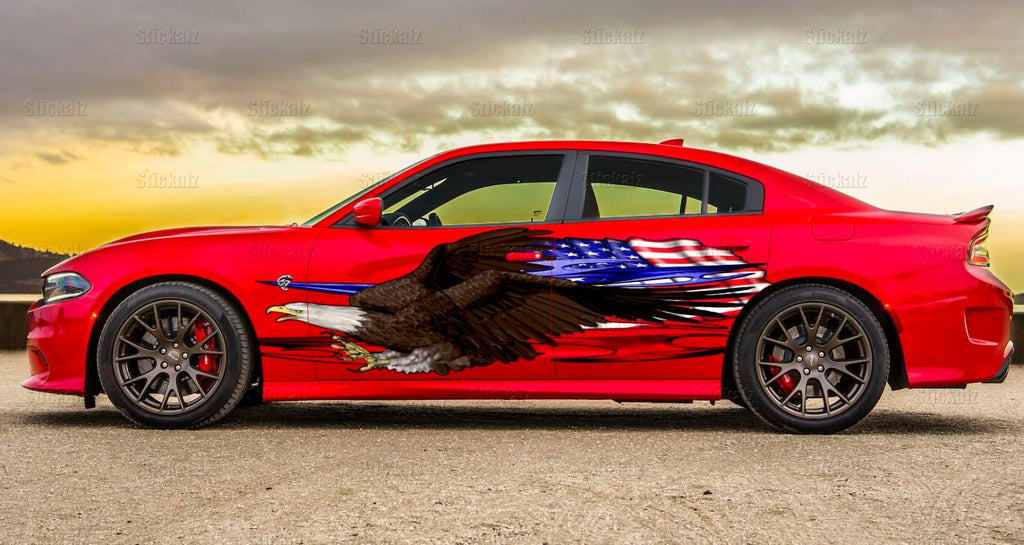 3D Bold eagle street racing graphics, American pride full color car side wrap, USA Flag car vinyl sticker, US eagle car design
