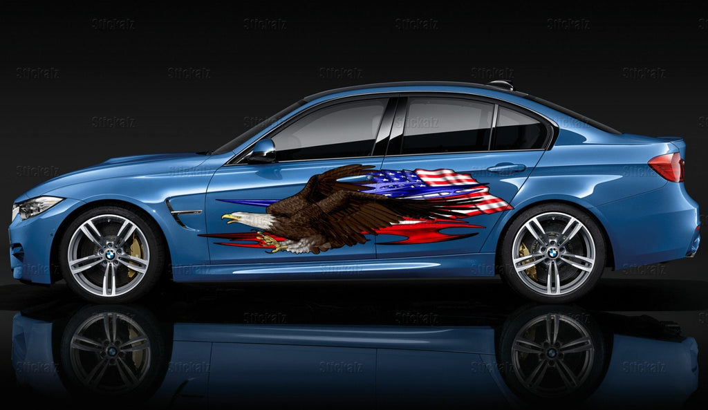 3D Bold eagle street racing graphics, American pride full color car side wrap, USA Flag car vinyl sticker, US eagle car design