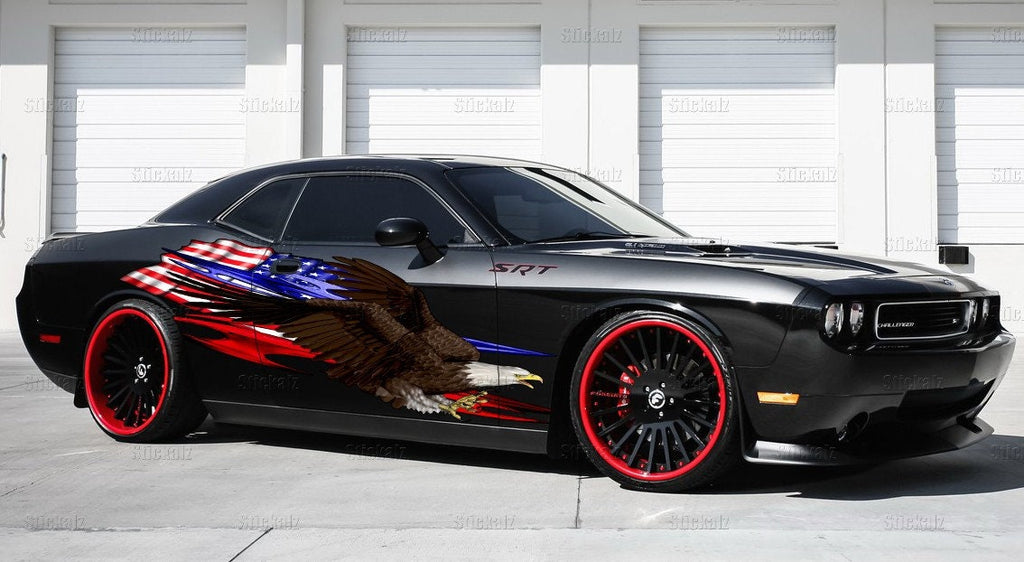 3D Bold eagle street racing graphics, American pride full color car side wrap, USA Flag car vinyl sticker, US eagle car design