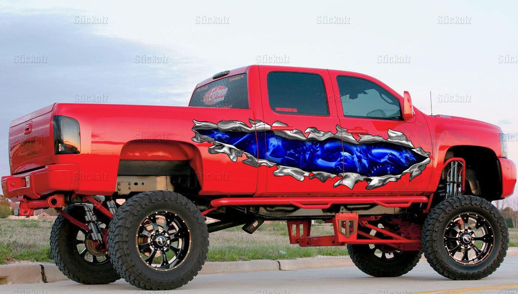 3D Dragons Ripped Metal Car Vinyl, Lizard Car Side Graphics, Full Color Car Side Wrap Sticker, Tribal Dragon Street Racing Graphics