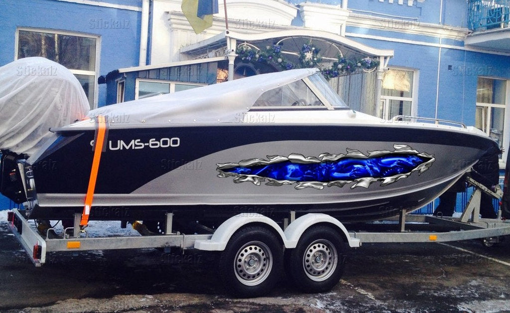 3D Dragons Boat Graphics Ripped Metal Full Color Speed Boat Vinyl Design, Lizard Cigar Boat Wrap, Yacht Vinyl, Watercraft Sticker Design