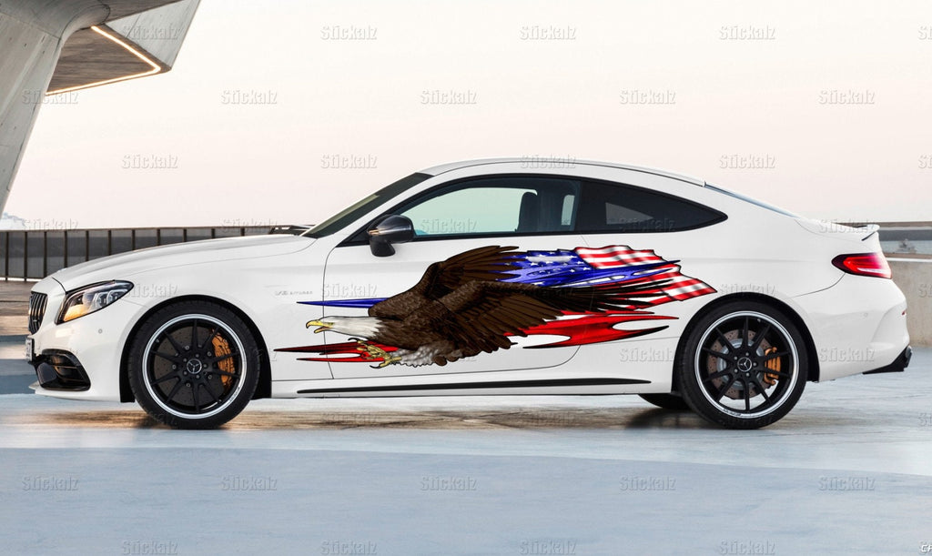 3D Bold eagle street racing graphics, American pride full color car side wrap, USA Flag car vinyl sticker, US eagle car design
