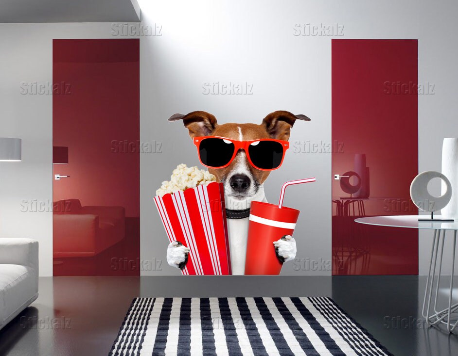 Dog wall sticker, funny dog, movie night wall decal, funny animal decor cfb 77
