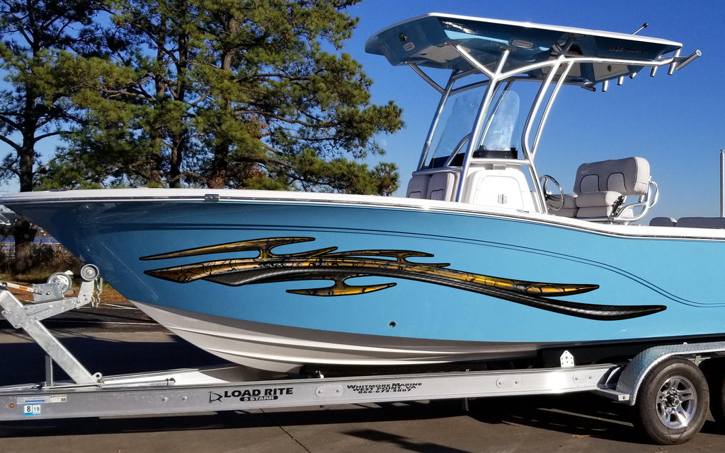 3D Graphic Yacht Decal, Tribal Ripped Metal Speed Boat Vinyl, Watercraft Sticker, Tribal Yacht Vinyl, Cigar Boat Wrap, Boat Wraps Plain