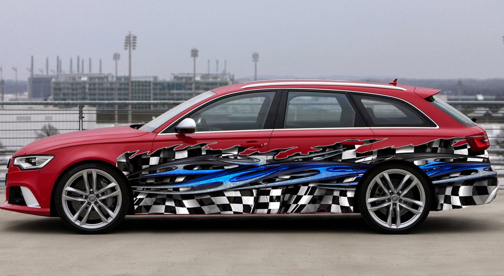 Full Color Car Vinyl Design Racing Flag Car Vinyl, Auto Wrap Tribal Checkered , Ripped Metal Checkered Street Graphic