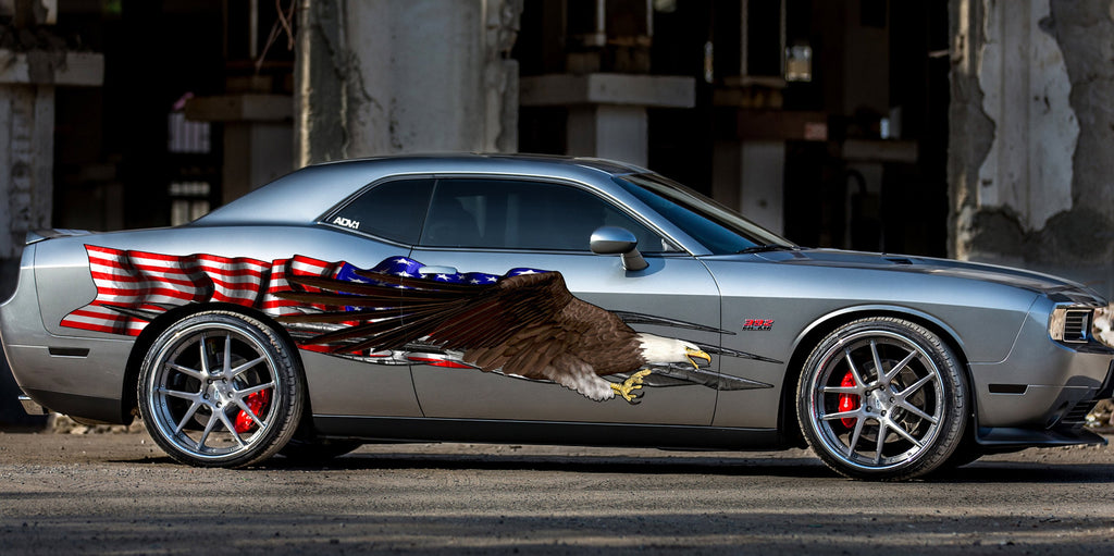 Ripped Metal US eagle Full Color Car Vinyl Design, Checkered flag graphics, American pride Wrap, Tribal US Flag Wrap