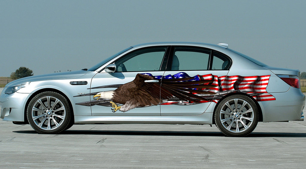 American Pride Car Wrap, Ripped Metal US Eagle Full Color Vinyl Design Checkered Flag Side Graphics, Tribal US Flag Wrap