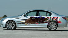 Load image into Gallery viewer, American Pride Car Wrap, Ripped Metal US Eagle Full Color Vinyl Design Checkered Flag Side Graphics, Tribal US Flag Wrap