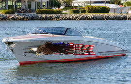 USA Flag Boat Wrap – 3D Ripped Metal Bald Eagle Vinyl Decal – Patriotic Marine Graphics – Boat, Truck, Trailer Full Color Vinyl Sticker