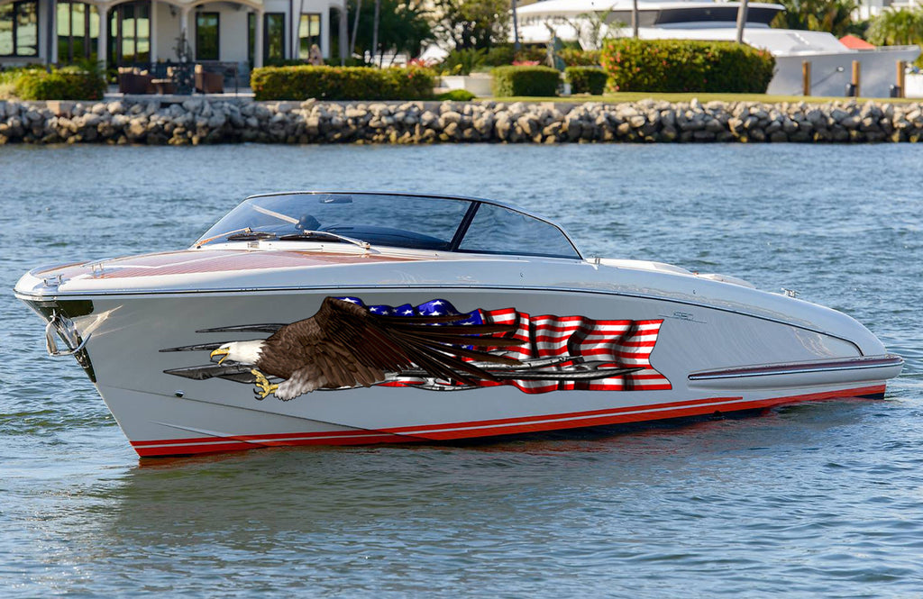 Boat Decals-Yacht American Pride Graphic Decal, American Flag Sticker Cigar Boat Wrap, 3D Tribal Ripped metal vinyl wrap, Stickers for Boat