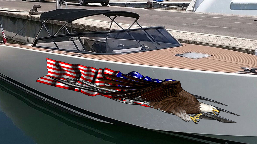 Boat Decals-Yacht American Pride Graphic Decal, American Flag Sticker Cigar Boat Wrap, 3D Tribal Ripped metal vinyl wrap, Stickers for Boat