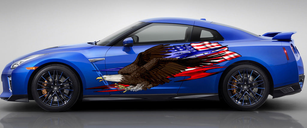 Ripped Metal US Eagle Full Color Car Vinyl Design, Checkered Flag Side Graphics American Pride Wrap, Tribal US Flag Wrap