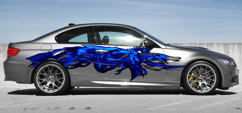 3D Dragons Car Wrap Ripped Metal Full Color Vinyl , Car Vinyl Design Dragon Wrap Tribal Lizard Street Racing
